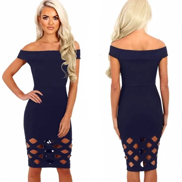 Geometric Cutout Hem Off Shoulder Bodycon Dress - Picture 1 of 4